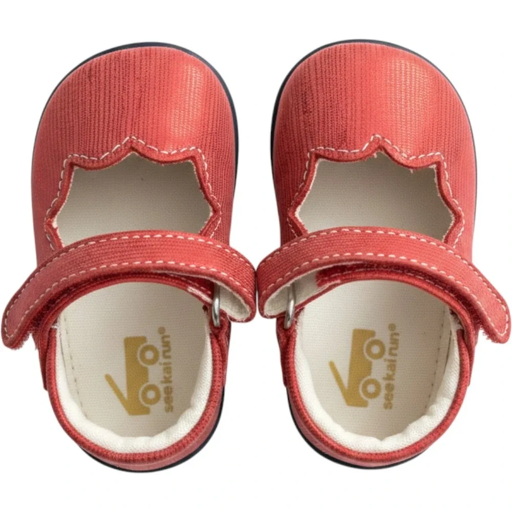 See Kai Run Susie INF Red Metallic Mary Jane Shoes Size 3 Infant Scalloped Trim